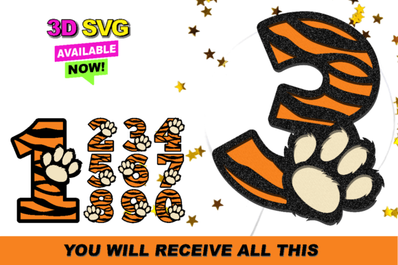 Cute Tiger Numbers 3D SVG for Laser Cutting Birthday Crafts